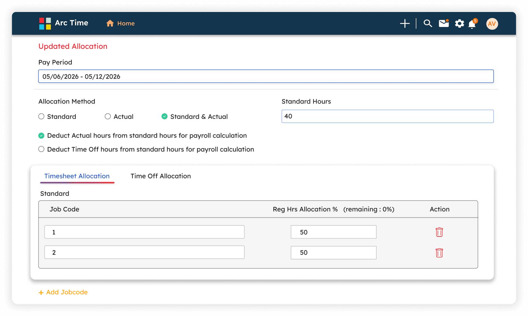 ArcTime allocation settings screen showing pay period, allocation method, and job code allocation percentages