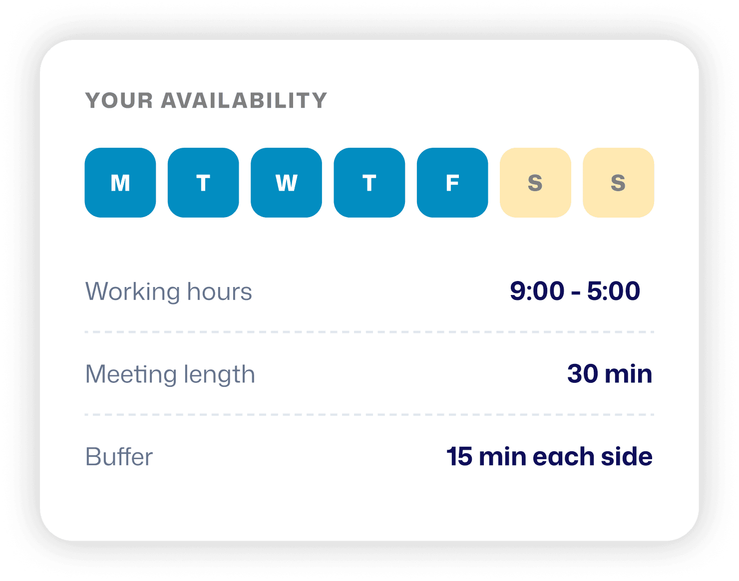 Your availability settings showing weekdays selected, working hours 9:00 to 5:00, 30 minute meetings, and 15 minute buffers on each side